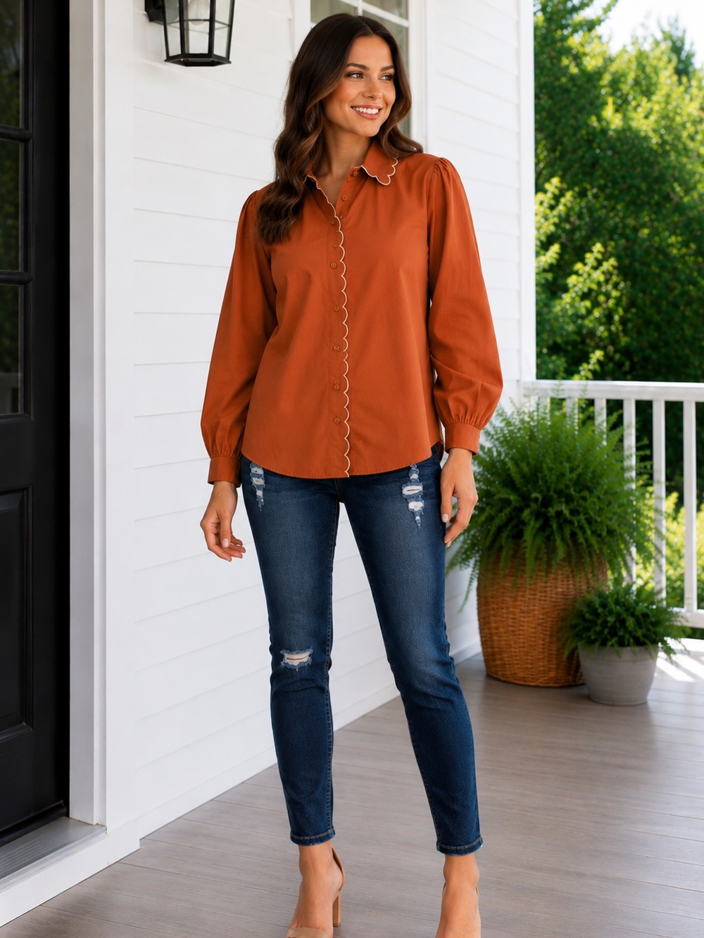 Jodifl The Ellington Blouse Scalloped Collar Button Front Blouse (Various Sizes)